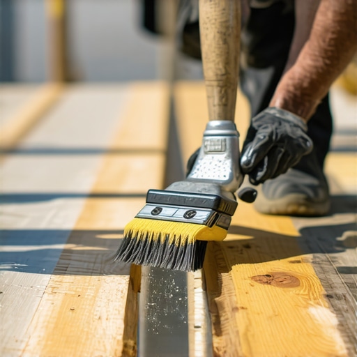 A worker carefully applying waterproof sealant to wooden deck joists with a brush, demonstrating proper technique.