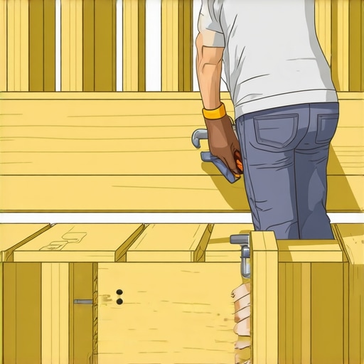 Person assembling built-in benches on a backyard deck with framing and decking materials.