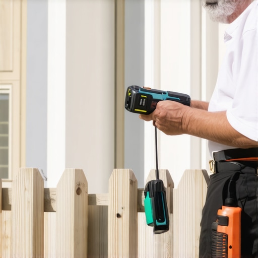 Person inspecting deck with moisture meter and impact driver