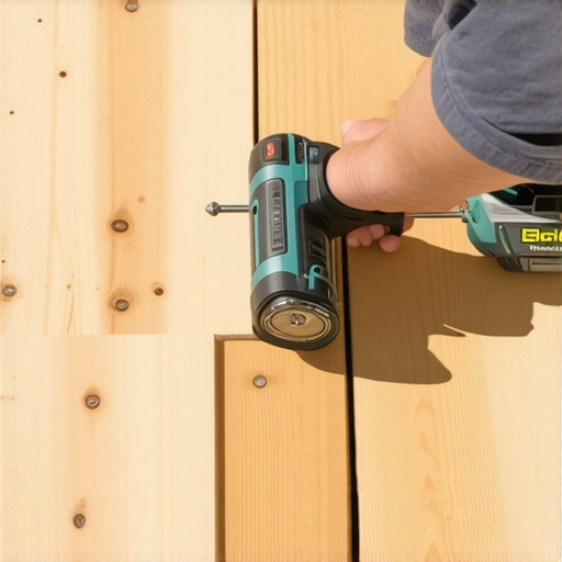 Hand tightening deck screw on wooden deck with a cordless drill for safety and stability.