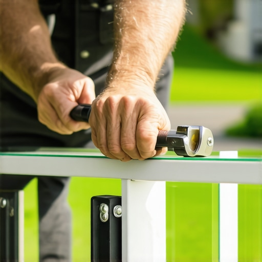 Homeowner tightening stainless steel clamps on glass railing