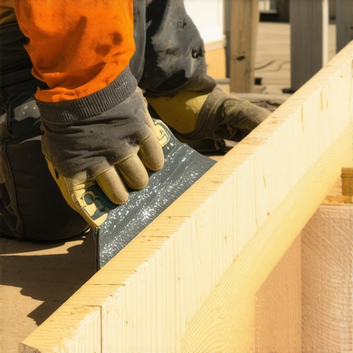 Person applying waterproof flashing tape to a wooden deck rim joist with a squeegee