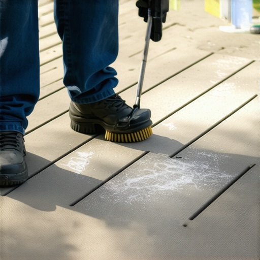 Cleaning composite deck with vinegar solution Person applying vinegar mixture and scrubbing a composite deck surface outdoors.