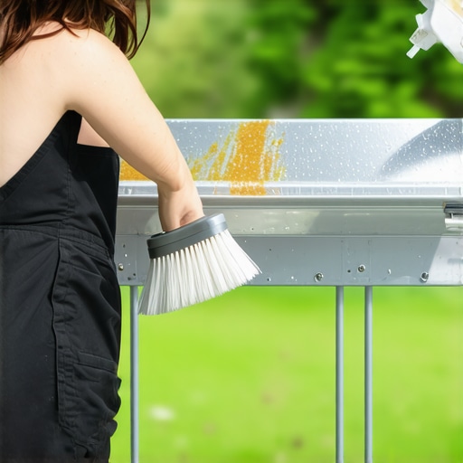 Person applying cleaning solution to rusted aluminum railing with a brush.