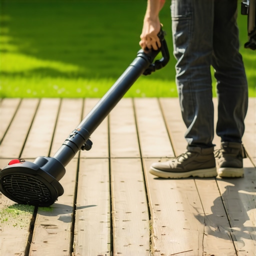 Person cleaning deck with leaf blower during daytime
