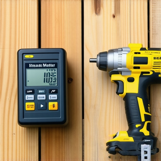 Impact driver and moisture meter measuring a wooden deck for maintenance