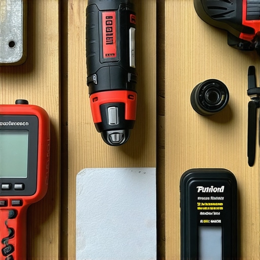 A well-organized toolbox with impact driver, laser meter, sander, and moisture tester for outdoor maintenance