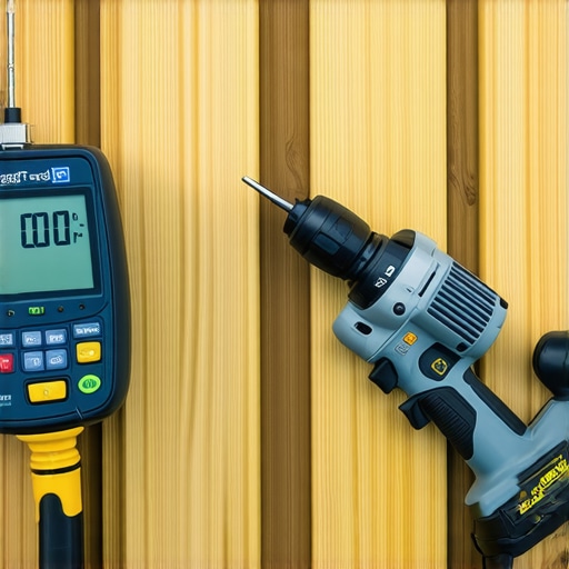 Essential Tools for Durable Outdoor Structures A digital tension gauge measuring cable tension alongside an impact driver with a bit attached, set on a wooden deck