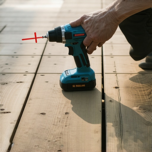 Person using impact driver and laser measure on deck surface