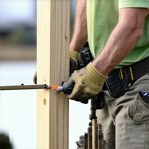A professional worker measuring and inspecting deck post anchors with precision tools