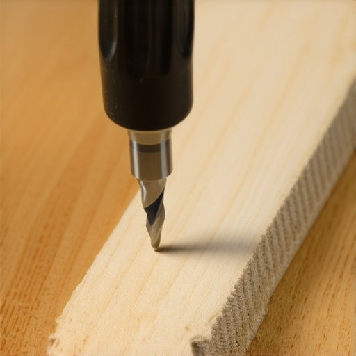 Expert technique in countersinking composite deck screws Close-up of a drill with a countersink bit creating flush screw holes on a deck board