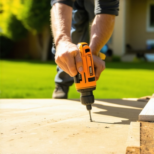 A person using impact driver to tighten screws on composite decking in backyard