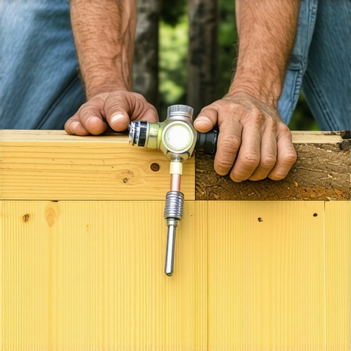 Homeowner examining exposed deck joists with a flashlight and screwdriver to detect early signs of rot.
