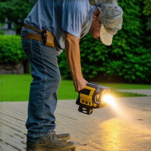 Homeowner examining the underside of a deck with a flashlight for mold and moisture issues.