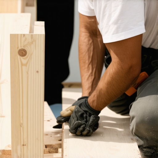 A close-up shot of a carpenter fastening wooden blocks between deck joists to reinforce the structure.
