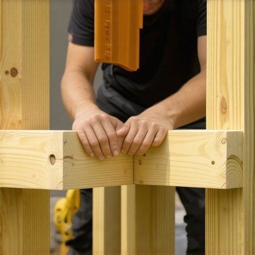 Person securing wooden support blocks between deck railing post and framing to prevent wobbling.