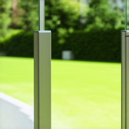 A sleek glass deck railing with views of a lush backyard garden