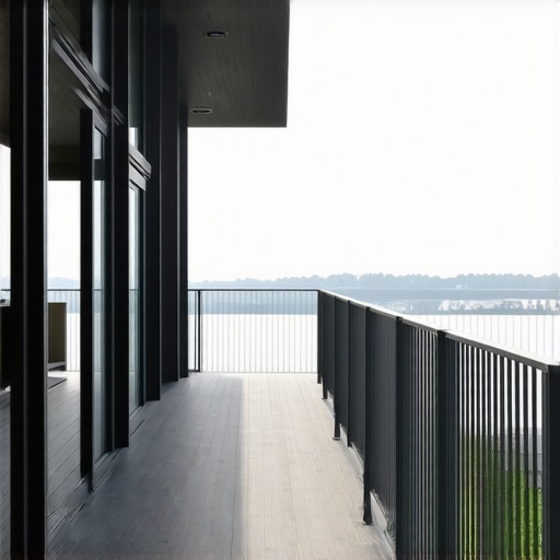 A modern outdoor deck with sleek metal railings allowing wind to pass through