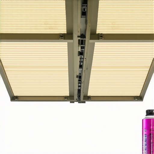 A person applying lubricant to pergola louvers hinges during maintenance