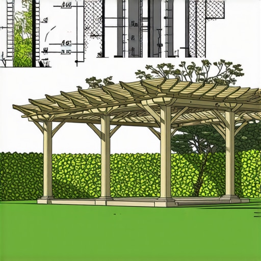 Diagram showing a pergola with reinforced posts, wind braces, and wind barriers to withstand high winds.