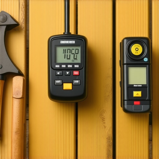 Moisture meter and laser level used for outdoor deck inspection.