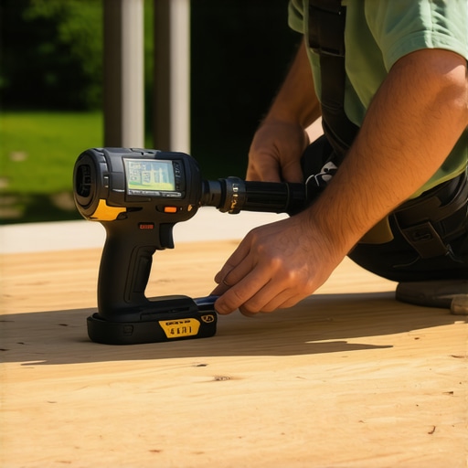 Carpenter measuring and fastening outdoor deck components with specialized tools.
