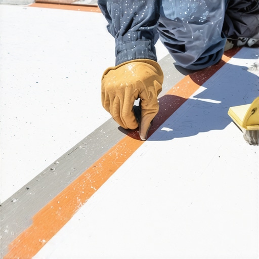 Installer applying flashing tape on deck ledger to prevent water infiltration.