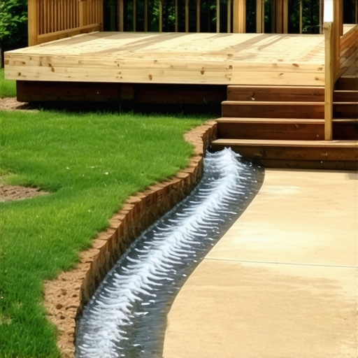 A backyard scene demonstrating deck grading and drainage solutions to prevent water pooling