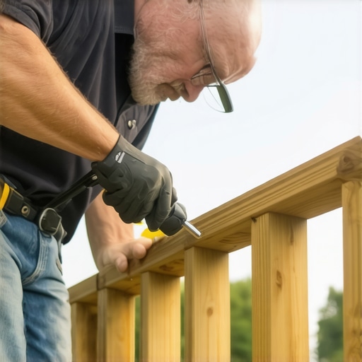 Homeowner tightening deck railing bolts with a torque wrench for maintenance