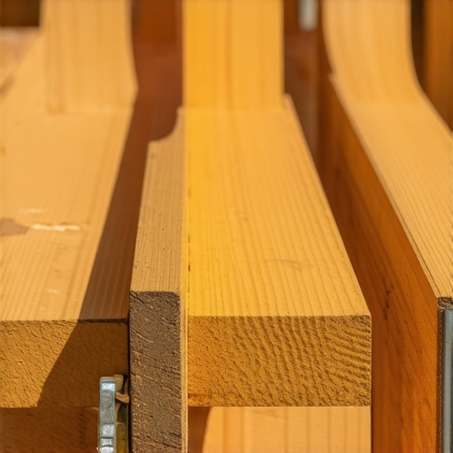 Close-up view of deck joists reinforced with metal brackets and blocking for stability.