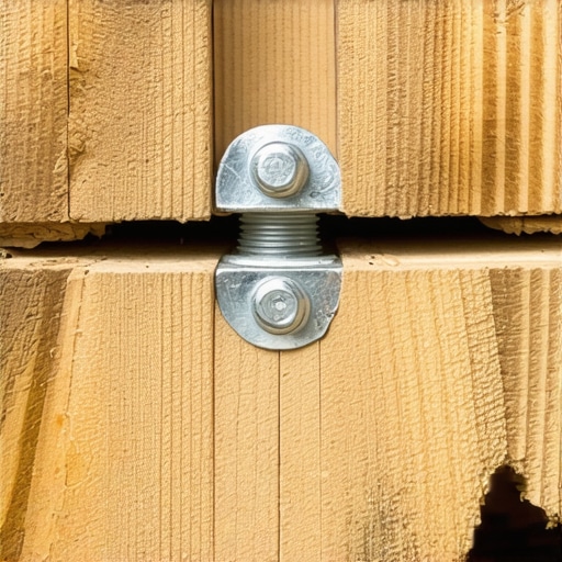 A shiny galvanized bolt and nut fastening a pressure-treated wood joist, illustrating proper deck construction.
