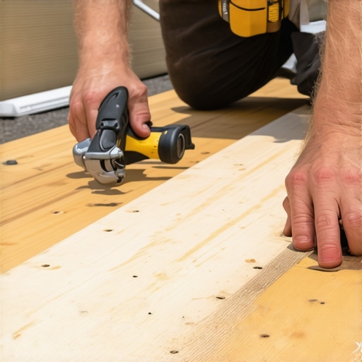 Using Spacers for Perfect Deck Gaps Close-up of deck board installation with spacers ensuring uniform gaps.