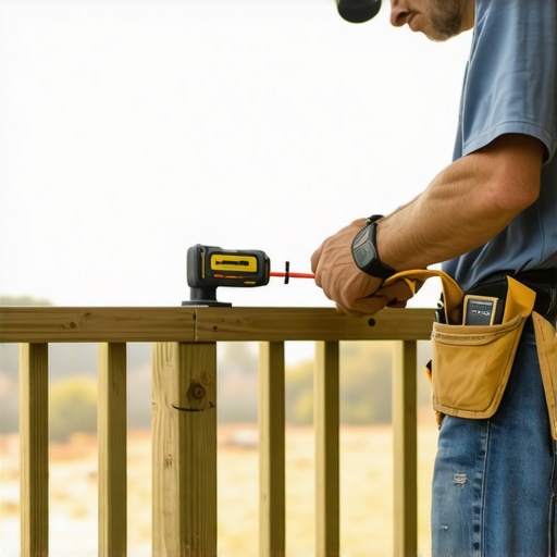 Person measuring deck railing height with laser device outdoors