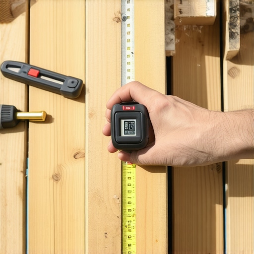A person measuring deck post spacing with a laser distance meter in a backyard setting.