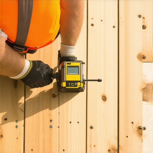 A builder demonstrating the use of a laser level for precise deck measurements