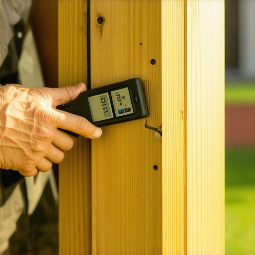 A deck maintenance technician checks moisture levels with a professional moisture meter on a wooden post in bright sunlight.