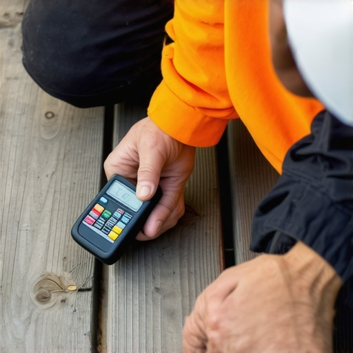 Person measuring moisture content of composite decking with a digital moisture meter