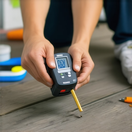 Using a moisture meter on a deck surface Person testing moisture levels on deck wood with a digital moisture meter.