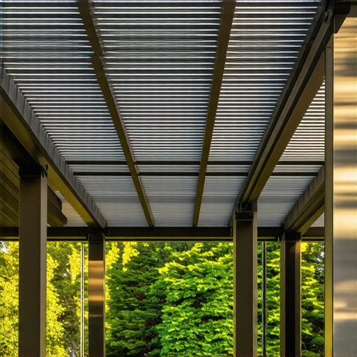 A contemporary pergola with adjustable louvers providing shade over a cozy outdoor seating area.