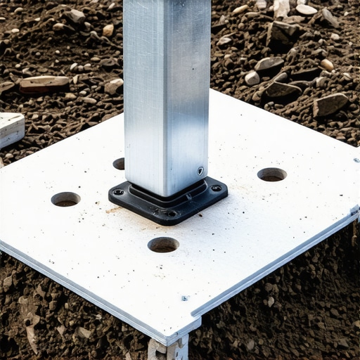 Image showing a deck post being installed on uneven ground with an adjustable base and level tool.