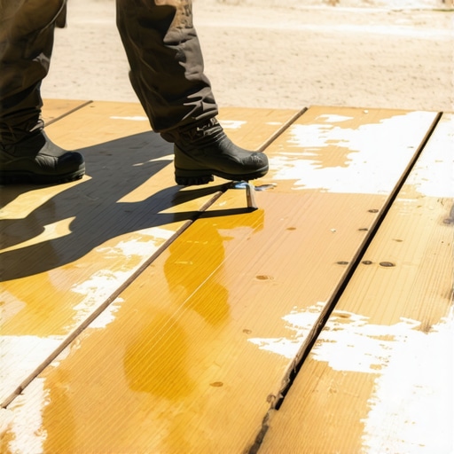 Person sealing a wooden deck with a brush in sunny weather.