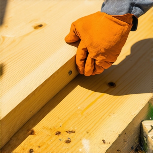 A person sealing the top of wooden deck joists with adhesive tape outdoors.