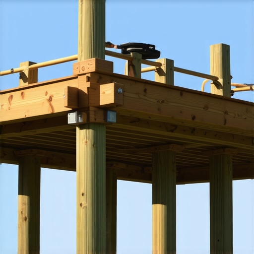 Building the Support Framework for Under-Deck Ceiling Construction of wooden support posts and beams for deck ceiling system