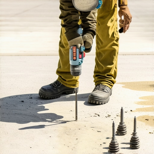 Person drilling into concrete slab for pergola posts with hammer drill.