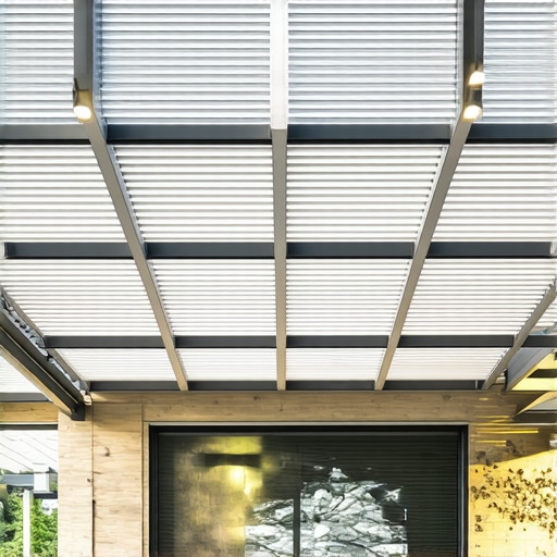 A stylish modern pergola with adjustable slats, string lights, and a cozy seating area