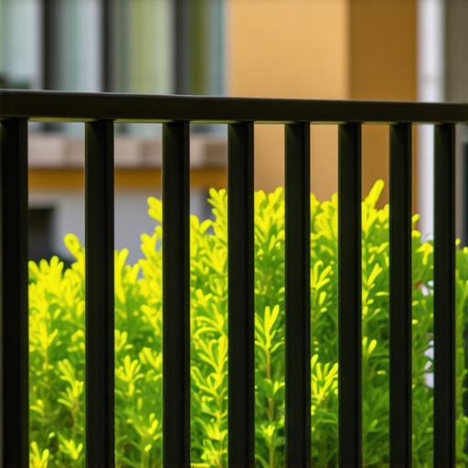 Black metal railing with reflective coating, surrounded by shading plants during summer