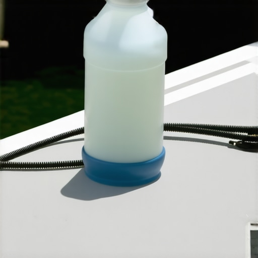 Illustration showing a plastic bottle connected to a hose placed above a deck for cleaning gaps using gravity.