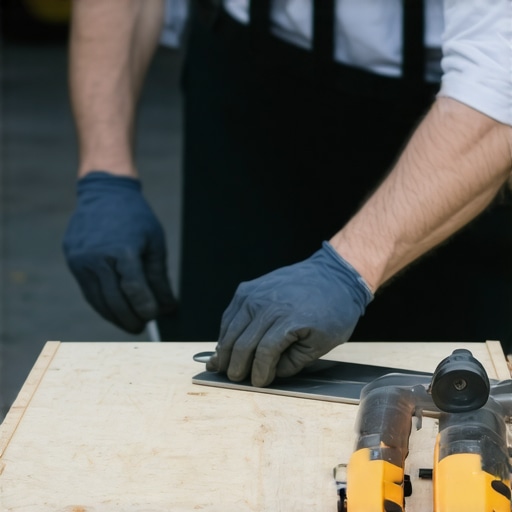 Close-up of spacers and caliper measuring deck boards at a construction site