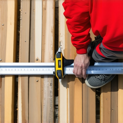 Deck Edge Finishing Close-up of a deck edge with trim and measurement tools