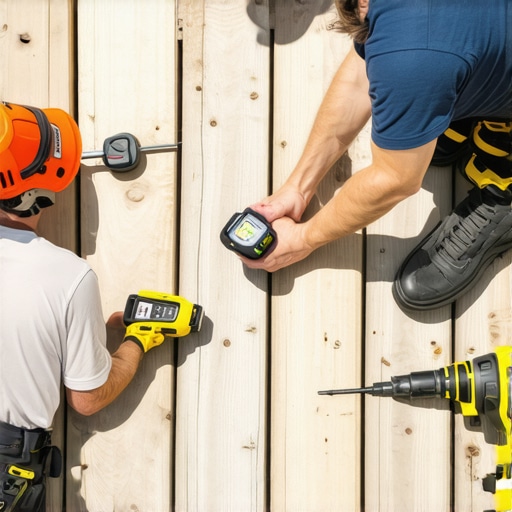 Homeowner inspecting and maintaining a deck with specialized tools.